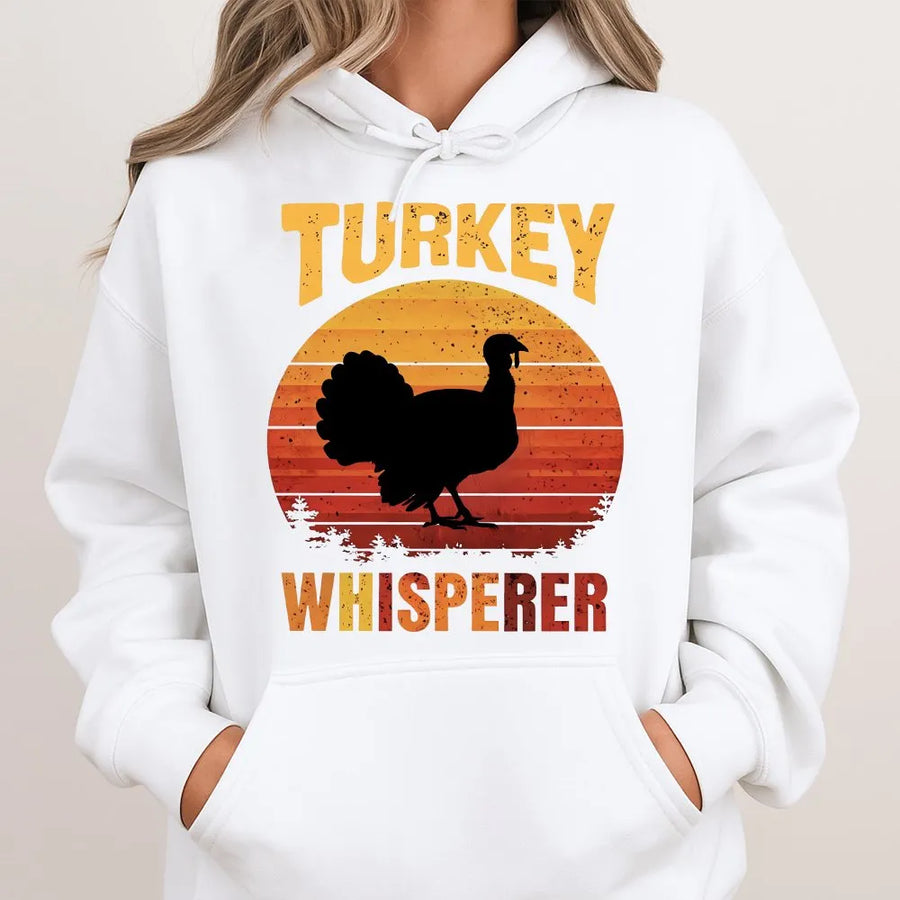 Turkey Whisperer Hoodie | Retro Sunset Turkey Hunter Design | Premium Cotton Blend | Funny Hunting Season Gift for Dad, Outdoor Apparel
