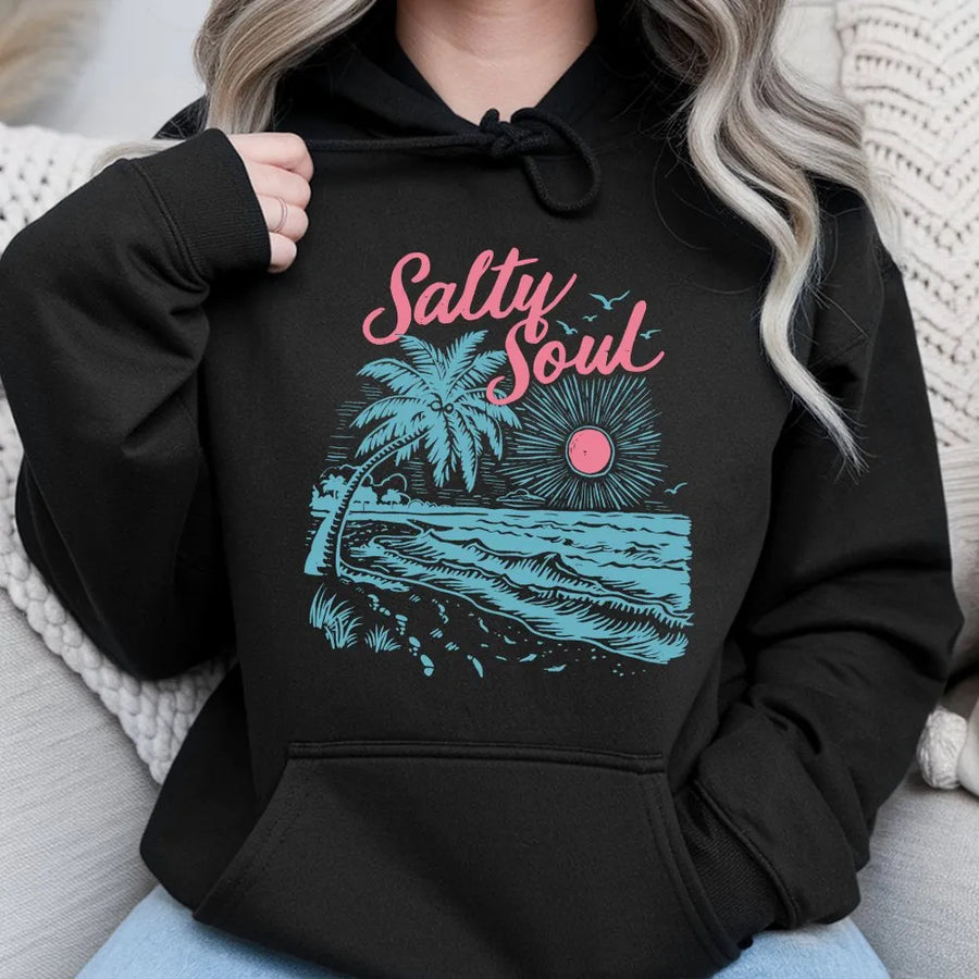 Salty Soul Hoodie | Retro Summer Beach Graphic | Premium Cotton Blend Pullover | Tropical Vacation Gift for Beach Lovers