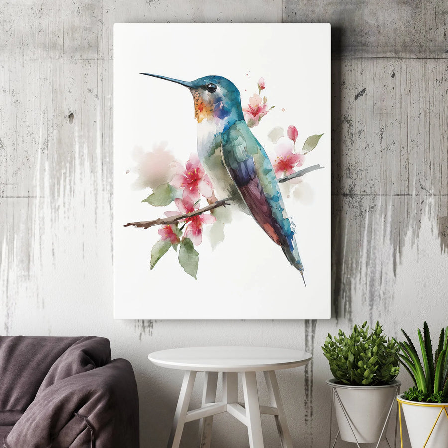 Hummingbird Canvas Wall Art | Watercolor Bird Painting with Cherry Blossoms | Premium Gallery Wrapped Canvas | Nature Inspired Home Decor Gift