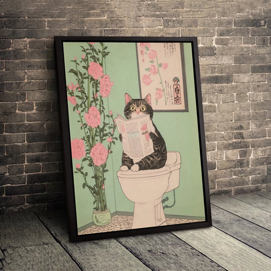 Japanese Cat Wall Art | Ukiyo-E Style Bathroom Decor | Premium Gallery Canvas | Funny Animal Poster Gift for Cat Lovers