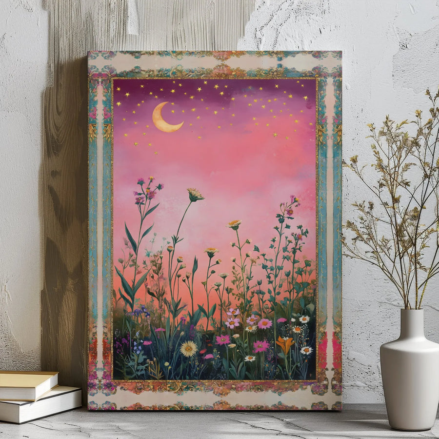 Wildflower Field Canvas Art | Dreamy Crescent Moon & Stars Floral Print | Premium Gallery Wrap Wall Decor | Boho Bedroom & Living Room Gift