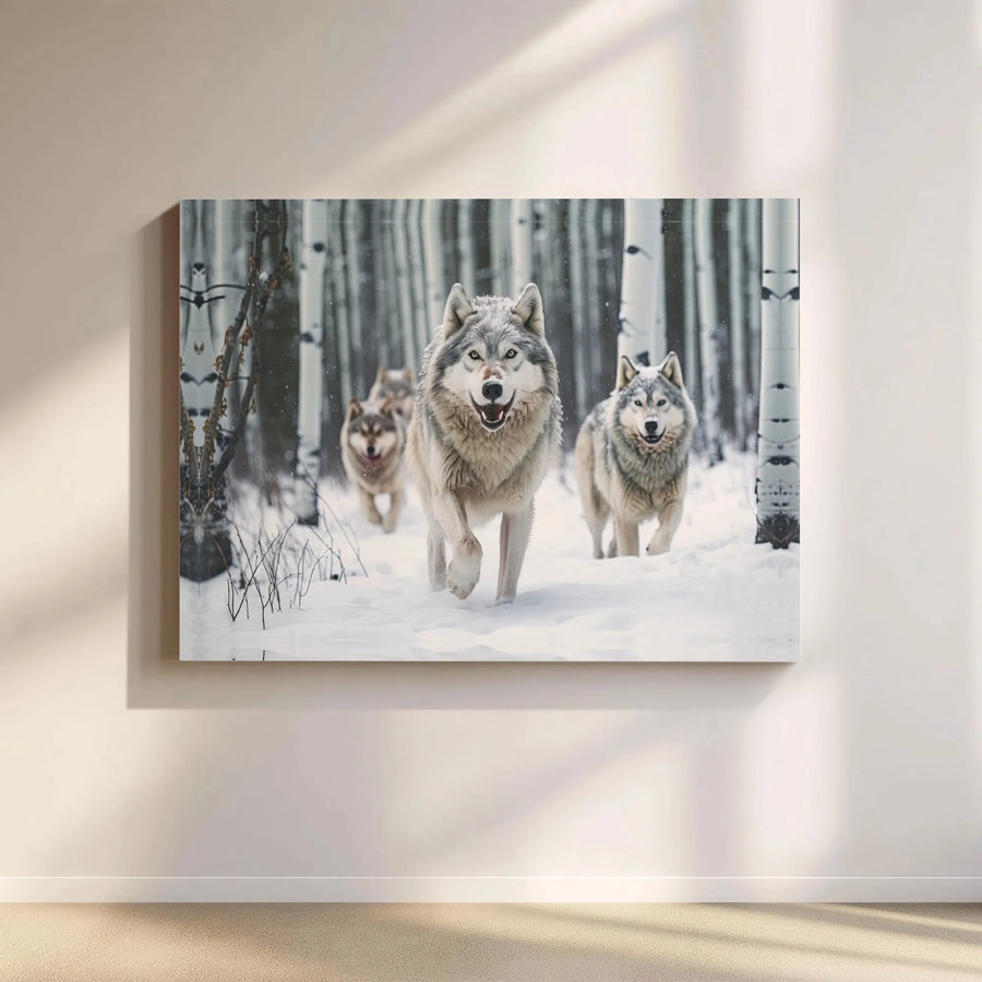 Wolf Pack Winter Forest Horizontal Canvas | Wild Wolves Running in Snow Wall Art Print | Premium 1.25" Gallery Wrap | Rustic Cabin Wildlife Lover Gift