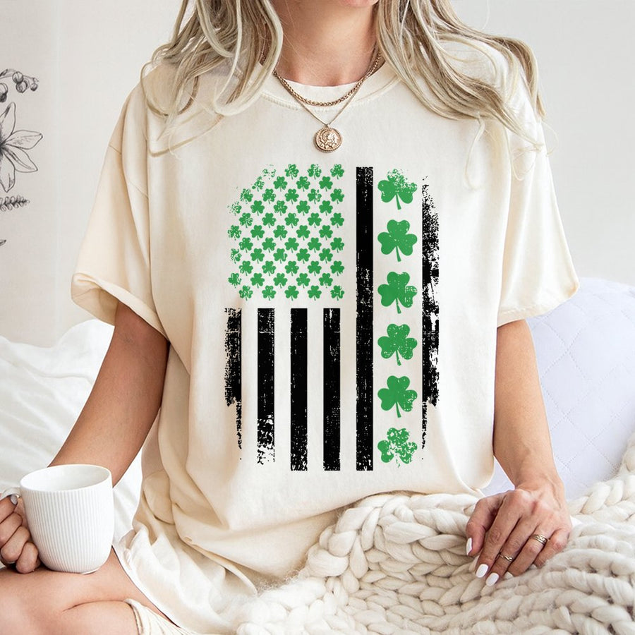 Shamrock American Flag T-Shirt | Distressed Irish Clover Graphic | 100% Cotton Premium Tee | St. Patrick's Day Gift for Men and Women