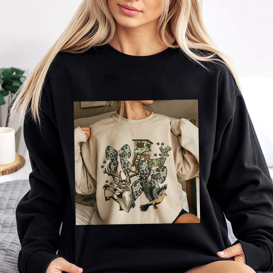 Hunting Season Sweatshirt | Camo Bow Deer Graphic Print | Premium Cotton Blend Unisex Pullover | Gift for Her Hunting Mama Outdoor Enthusiast