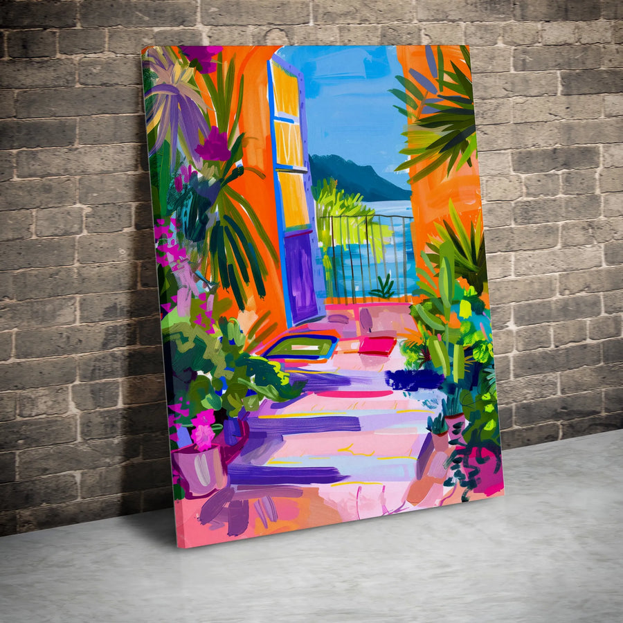 Mediterranean Balcony Canvas Print | Vibrant Fauvist Style Seascape Painting | Premium Gallery Wrap Canvas | Living Room Wall Decor Gift
