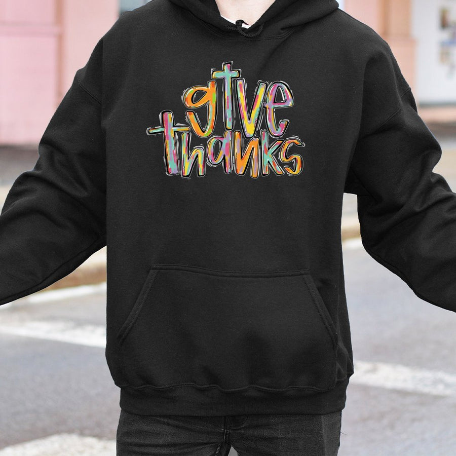 Give Thanks Christian Hoodie | Colorful Brushstroke Cross Design | Premium Cotton Blend | Faith-Based Thanksgiving Gift for Women