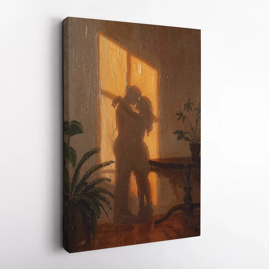 Romantic Couple Silhouette Wall Art | Golden Hour Window View | Premium Gallery Wrap Canvas | Anniversary Gift for Couples Home Decor