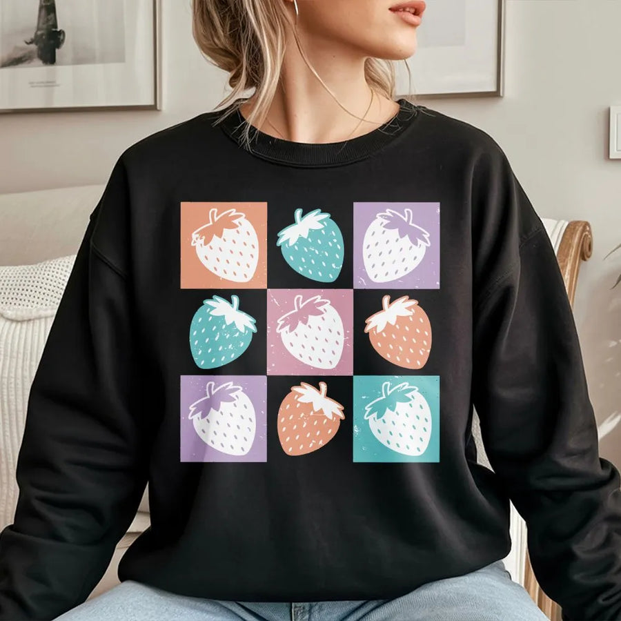 Strawberry Sweatshirt | Retro Pop Art Fruit Design | Premium Cotton Blend | Gift for Cottagecore Aesthetic Lovers