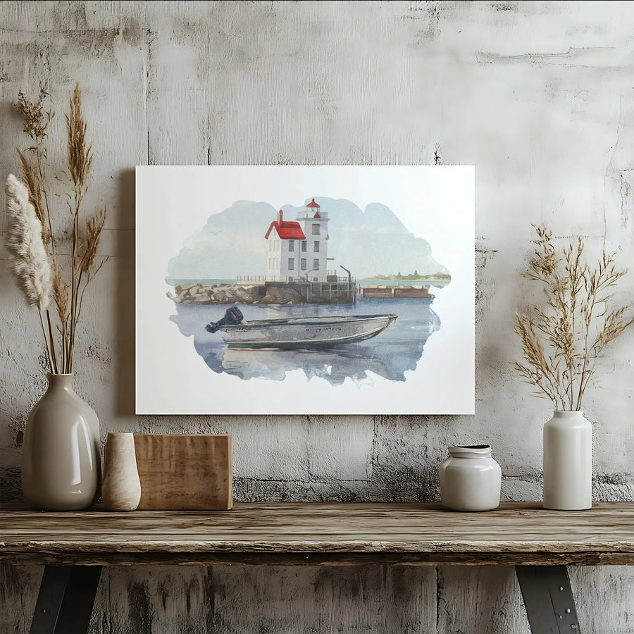 Lighthouse and Fishing Boat Canvas Print | Coastal Watercolor Seascape | Gallery Wrapped Premium Wall Art | Nautical Home Decor Gift