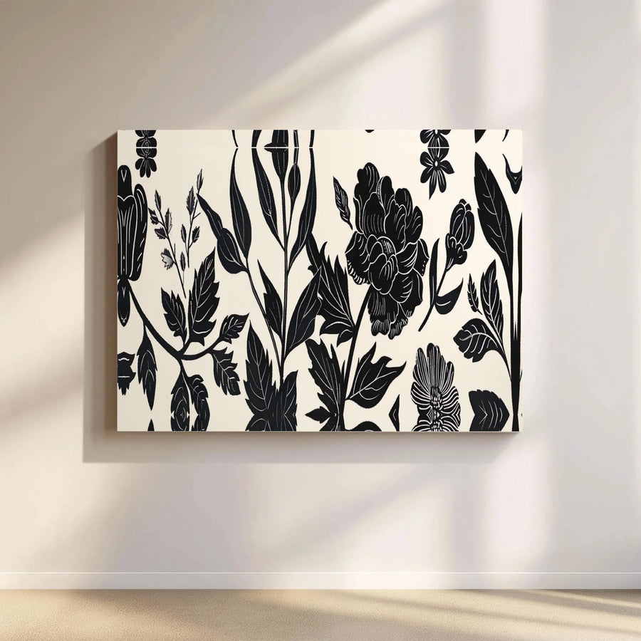 Black and White Floral Canvas Wall Art | Linocut Botanical Print | Premium Gallery-Wrapped 1.25” Frame | Modern Minimalist Home Decor Gift