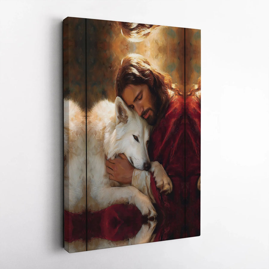 Jesus and Wolf Canvas Wall Art | Spiritual Painting Print with Divine Embrace | Premium Christian Art | Faith Based Home Decor Gift