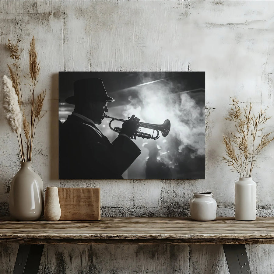 Jazz Musician Trumpet Canvas Wall Art | Black and White Silhouette Print | Premium Gallery Wrap Decor | Gift for Music Lovers and Office