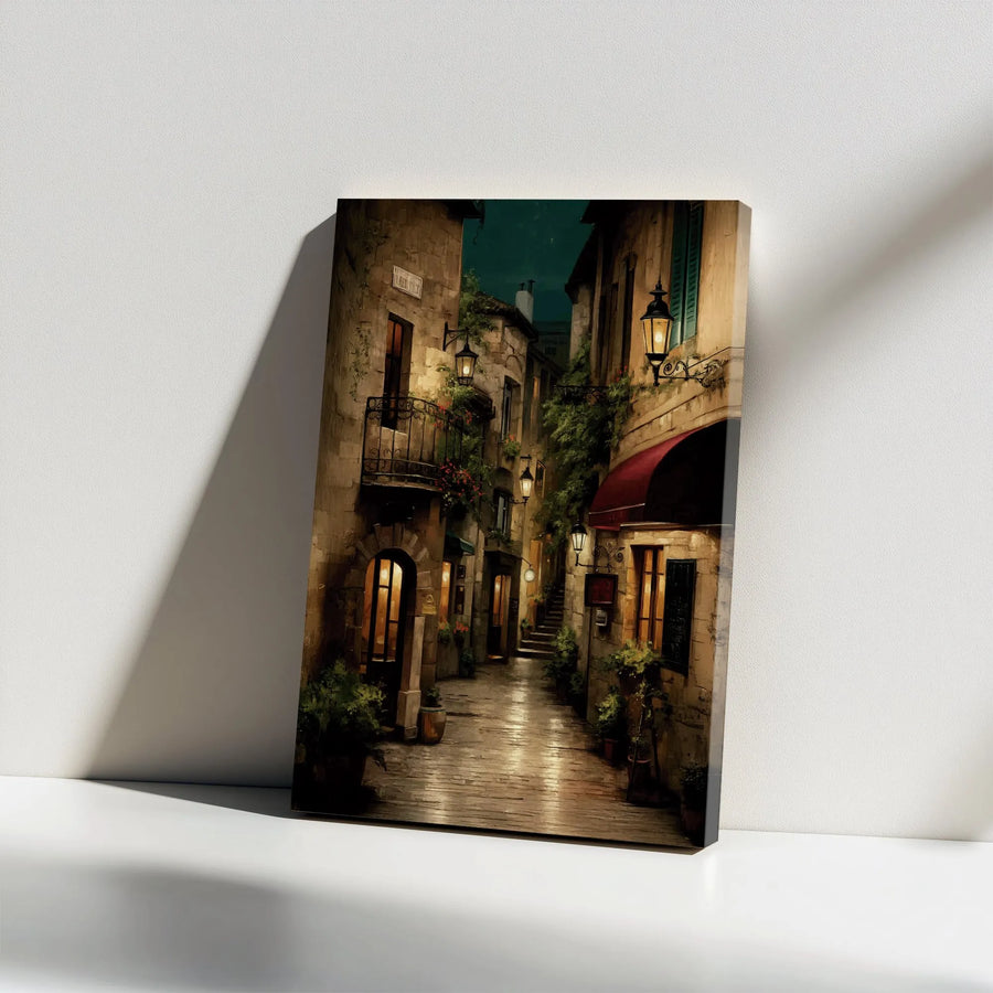 Italian Village Street Canvas Art | Lantern-Lit European Alley Painting | Premium Gallery Wrapped Canvas | Vintage Travel Wall Decor Gift