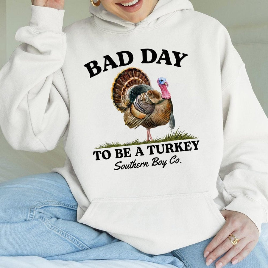 Bad Day To Be A Turkey Hoodie | Funny Thanksgiving Graphic Sweatshirt | Premium Cotton-Blend | Unisex Holiday Gift for Men and Women
