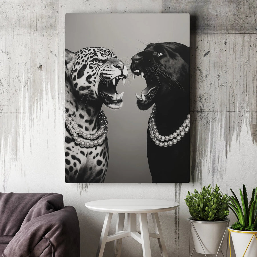 Fashion Leopard and Panther Canvas | Black & White Big Cats with Pearls | Premium Wall Art | Modern Home Decor Collector's Gift
