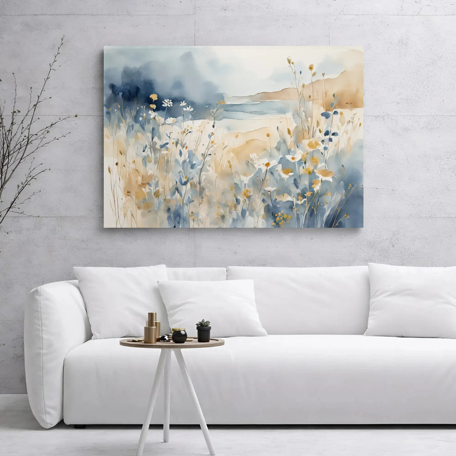 Coastal Wildflower Meadow Canvas | Watercolor Beach Landscape Art | Premium Gallery Wrapped Print | Serene Nature Home Decor Gift
