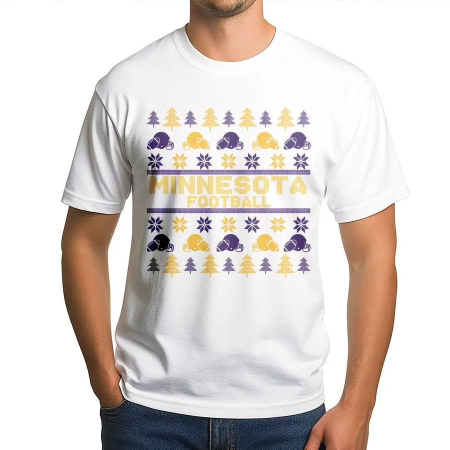 Minnesota Football Ugly Sweater T-Shirt | Retro Nordic Christmas Pattern | Premium Soft Cotton Tee | Gift for Minnesota Football Fan Mom Dad