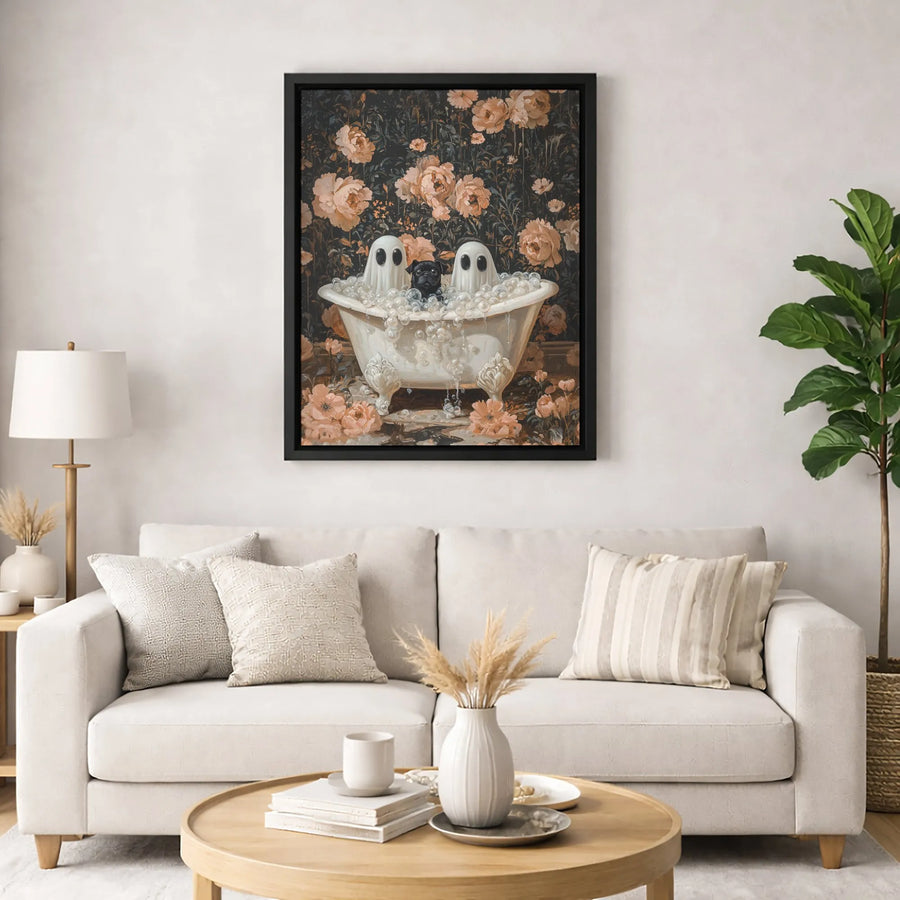 Black Pug Wall Art | Cute Ghosts in Clawfoot Tub Floral Canvas | Premium Fade-Resistant Print | Spooky Aesthetic Home Decor Gift