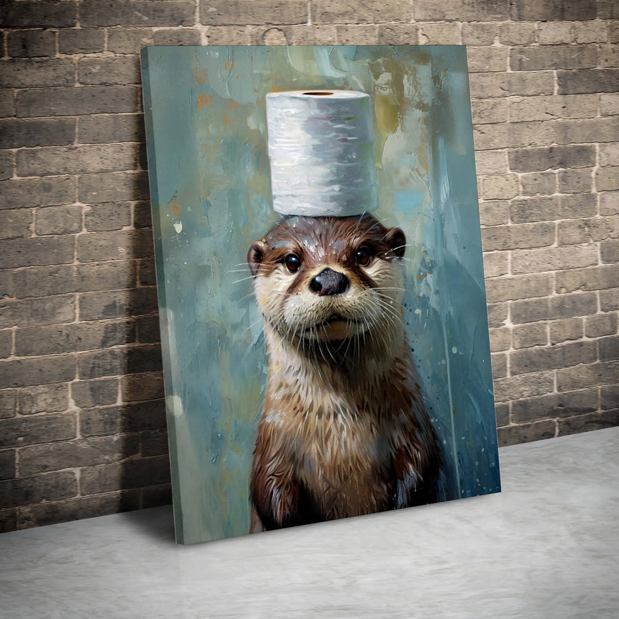 Otter With Toilet Paper Roll Canvas Wall Art | Whimsical Animal Oil Painting Style | Premium 1.25-inch Thick Gallery Wrap | Funny Bathroom Decor Gift