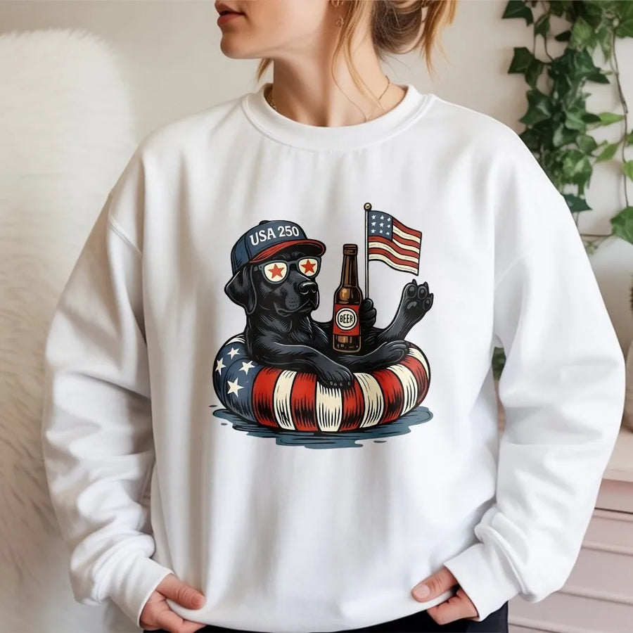 USA 250th Anniversary Sweatshirt | Funny Black Lab Dog with American Flag | Cozy Cotton Blend | Patriotic Gift for Dog Dad