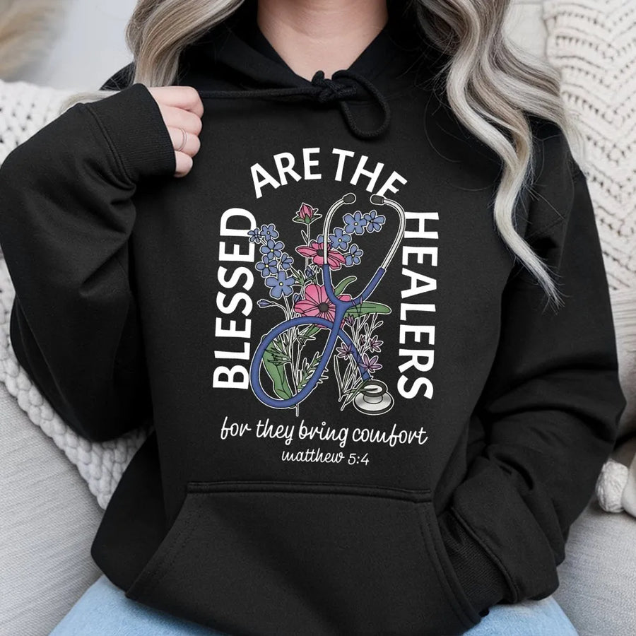 Blessed Are The Healers Hoodie | Stethoscope Floral Bible Verse Design | Premium Cotton-Blend | Christian Nurse Graduation Gift Idea