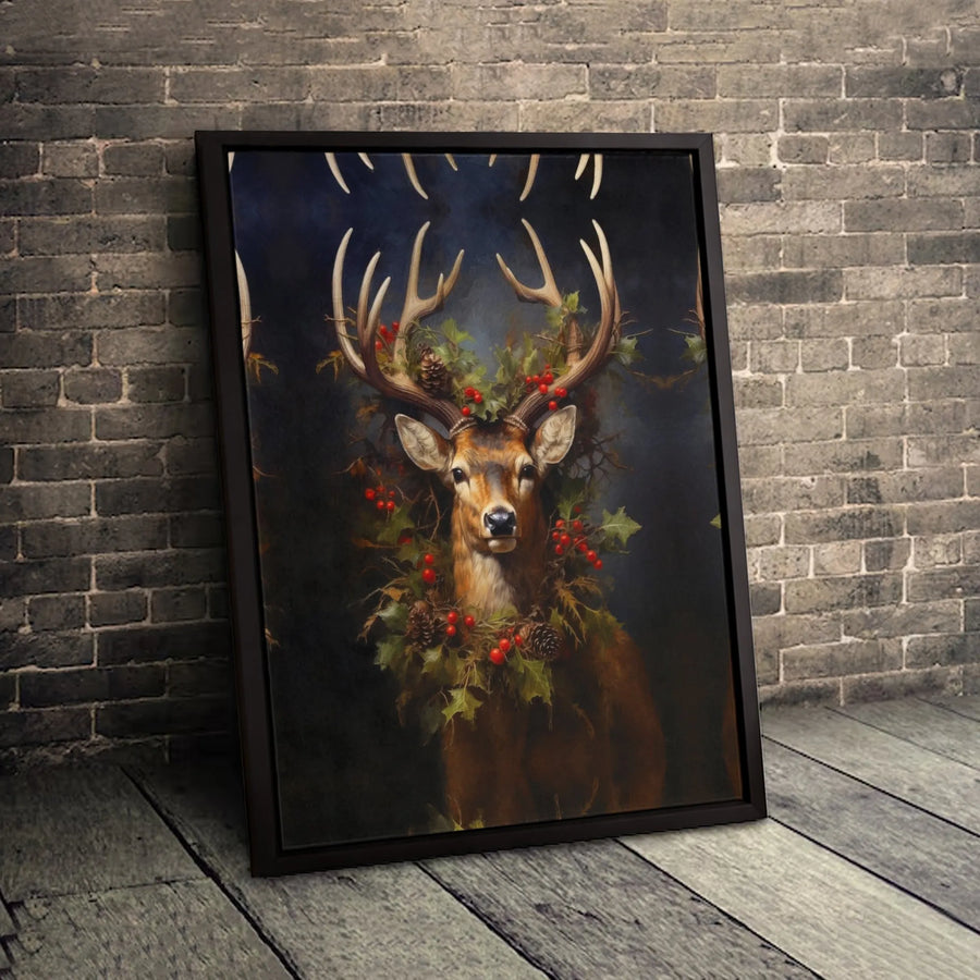 Majestic Deer Canvas Print | Christmas Holly Wreath Wall Art | Premium Fade-Resistant Gallery Wrap | Seasonal Holiday Home Decor Gift