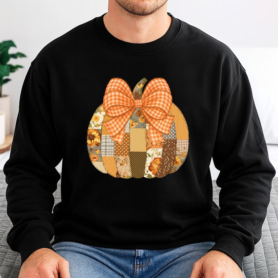 Floral Patchwork Pumpkin Sweatshirt | Preppy Coquette Autumn Graphic Tee | Cozy Cotton Blend | Fall Aesthetic Gift For Her