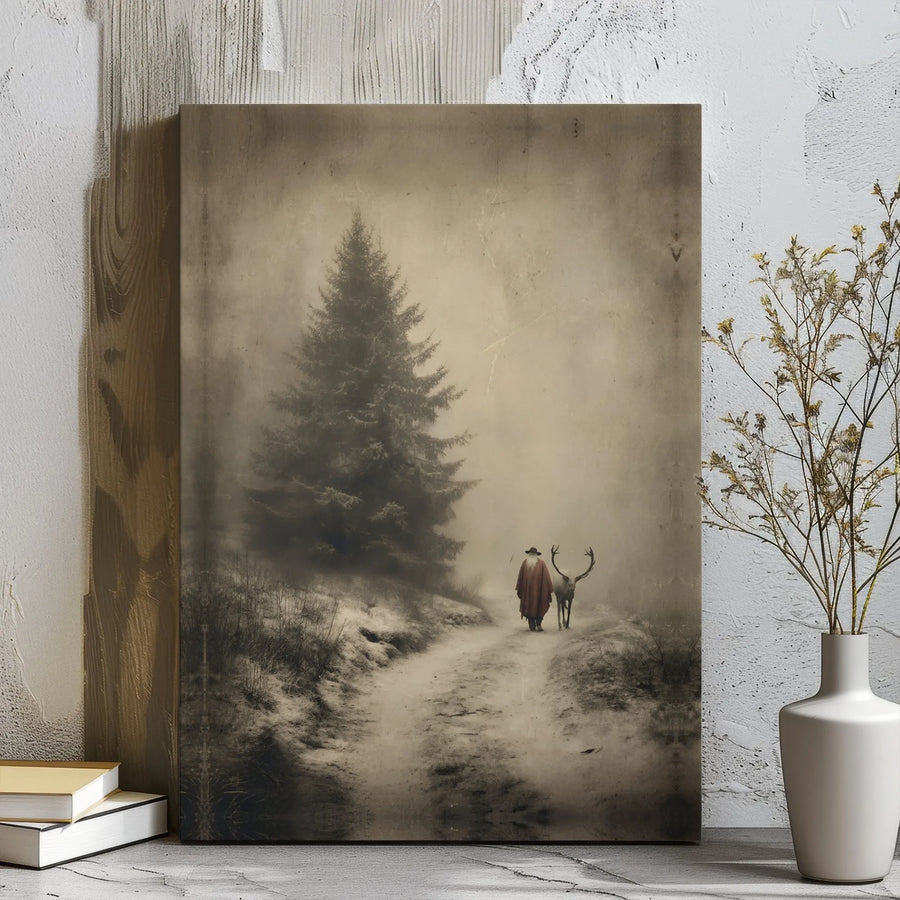 Winter Forest Canvas Art | Enchanted Wanderer with Stag Silhouette | Premium Gallery Wrapped Print | Moody Rustic Holiday Home Decor