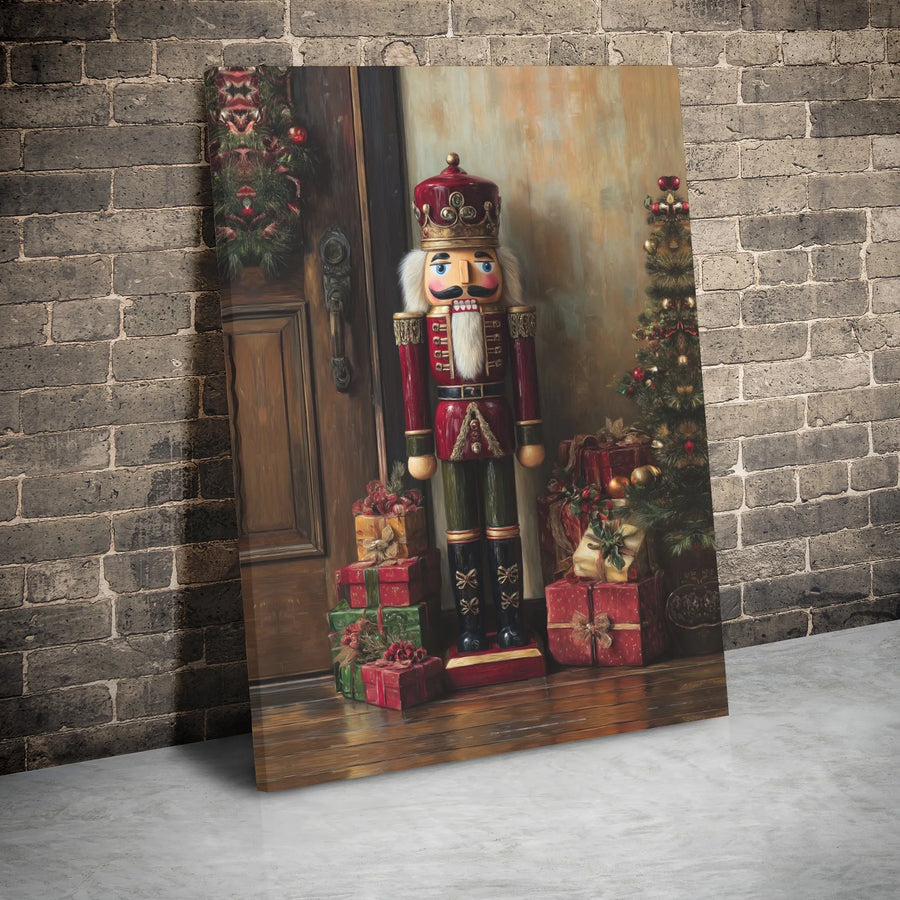 Christmas Nutcracker Wall Art | Vintage Soldier With Holiday Tree Decor | Premium Stretched Canvas Print | Festive Living Room Gift Idea