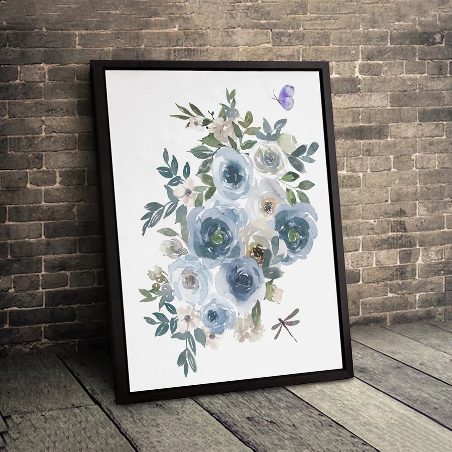 Watercolor Blue Floral Canvas Print | Botanical Butterfly & Dragonfly Art | 1.25 Inch Gallery Wrap | Elegant Home Decor Wall Art