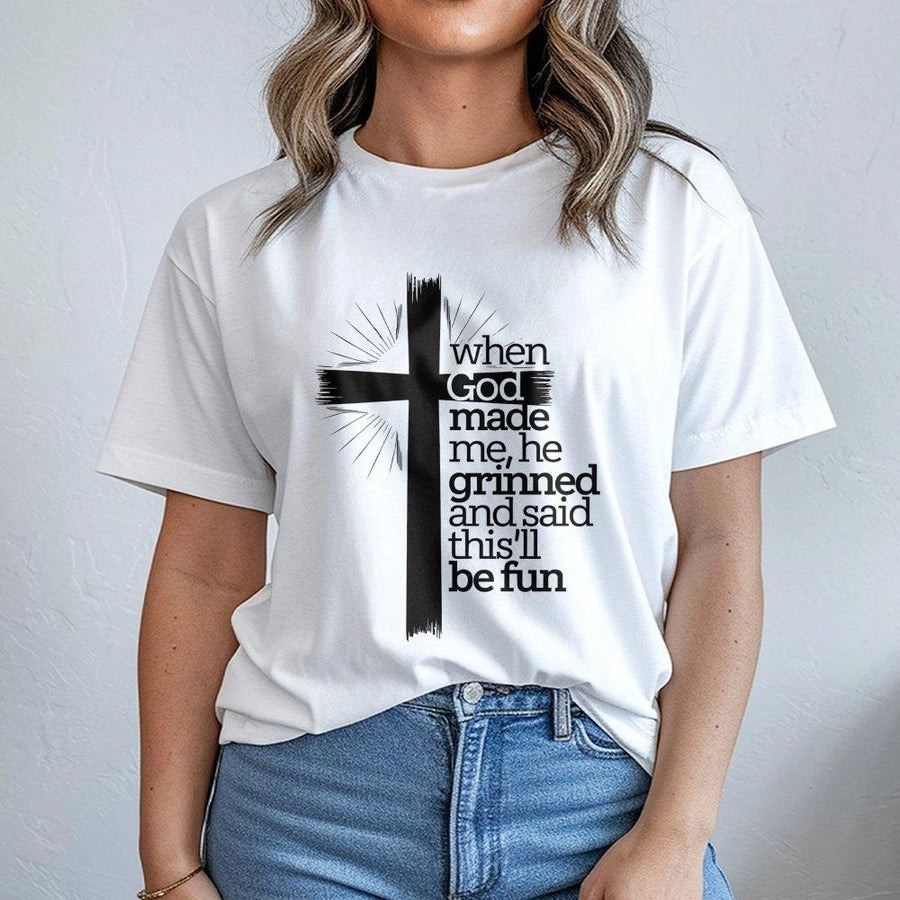 Religious Graphic T-Shirt | When God Made Me He Grinned Cross Design | 100% Cotton Premium Apparel | Inspirational Faith-Based Gift for Men and Women