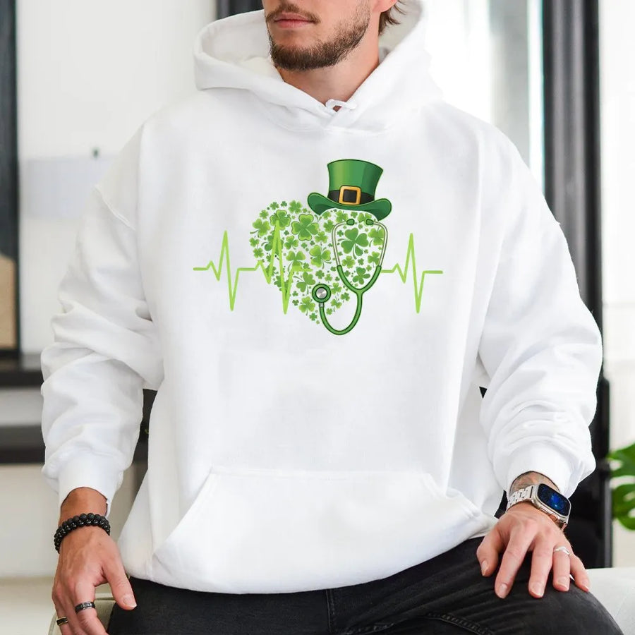 St. Patrick's Day Nurse Hoodie | Shamrock Heartbeat Stethoscope Design | Cotton-Blend Premium Comfort | Funny Gift for Nurses & Healthcare Workers