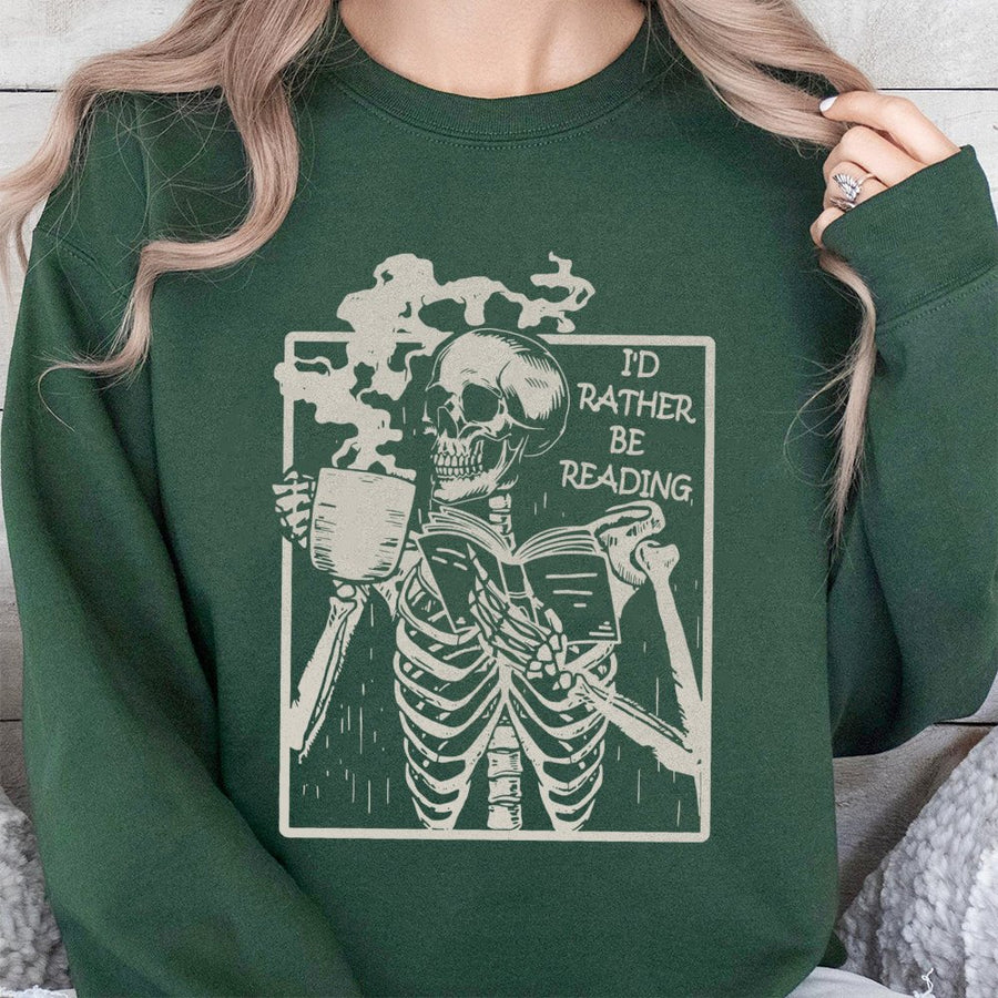 I'd Rather Be Reading Skeleton Sweatshirt | Book Lover Coffee Graphic Print | Premium Cotton Blend Crewneck | Gift for Readers & Librarians