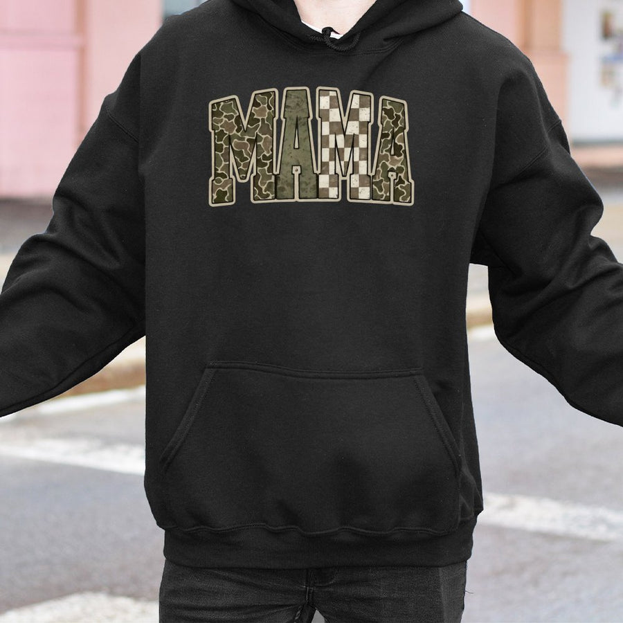 Mama Camo Hoodie | Varsity Letter Print with Checkered Pattern | Premium Cotton Blend | Rustic Western Gift for Mom and Hunting Enthusiasts