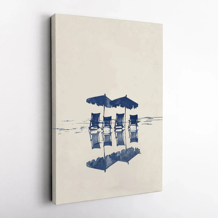 Minimalist Beach Canvas Wall Art | Indigo Umbrella & Chair Reflection Print | Premium 1.25" Gallery Wrap | Modern Coastal Home Decor