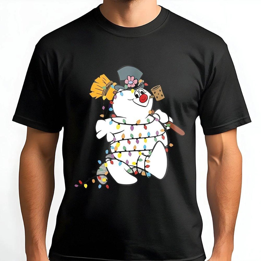 Snowman Christmas T-Shirt | Festive String Lights Graphic | Premium Cotton Unisex Tee | Cute Holiday Gift For Family And Friends