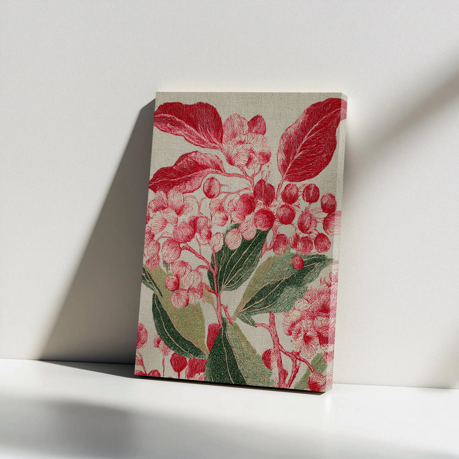 Vintage Floral Canvas Art | Red Flower & Berry Illustration | Premium Gallery Wrap | Modern Farmhouse Decor Gift