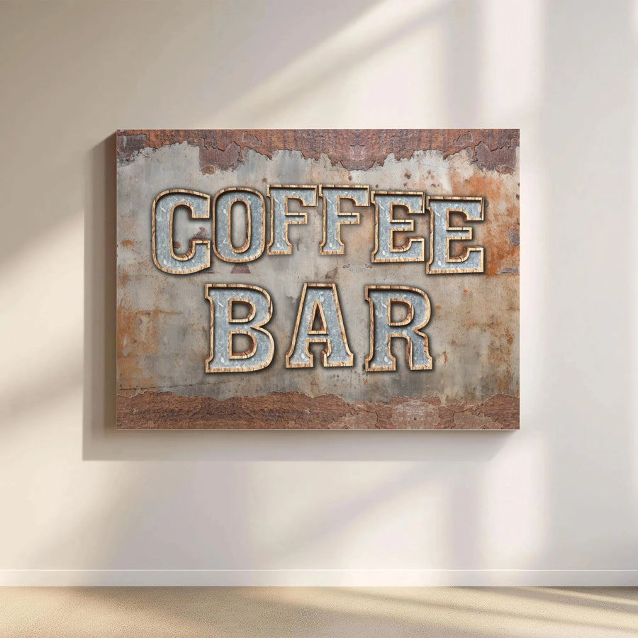 Coffee Bar Canvas Wall Art | Faux 3D Industrial Metal Lettering Print | Premium Gallery Wrap Canvas | Rustic Kitchen & Cafe Decor Gift