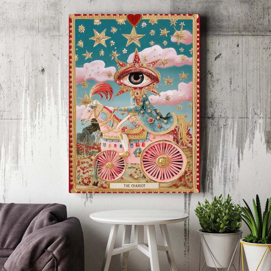 The Chariot Tarot Card Canvas Art | Surreal All Seeing Eye Illustration | Premium High-Resolution Print | Spiritual Wall Decor Gift
