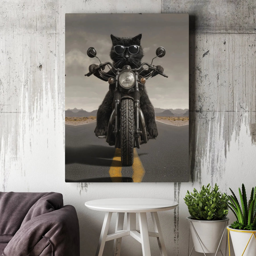 Black Cat on Motorcycle Canvas Wall Art | Cool Biker Kitty Print | Premium Gallery Wrap Decor | Unique Gift for Cat Lovers & Motorcycle Riders