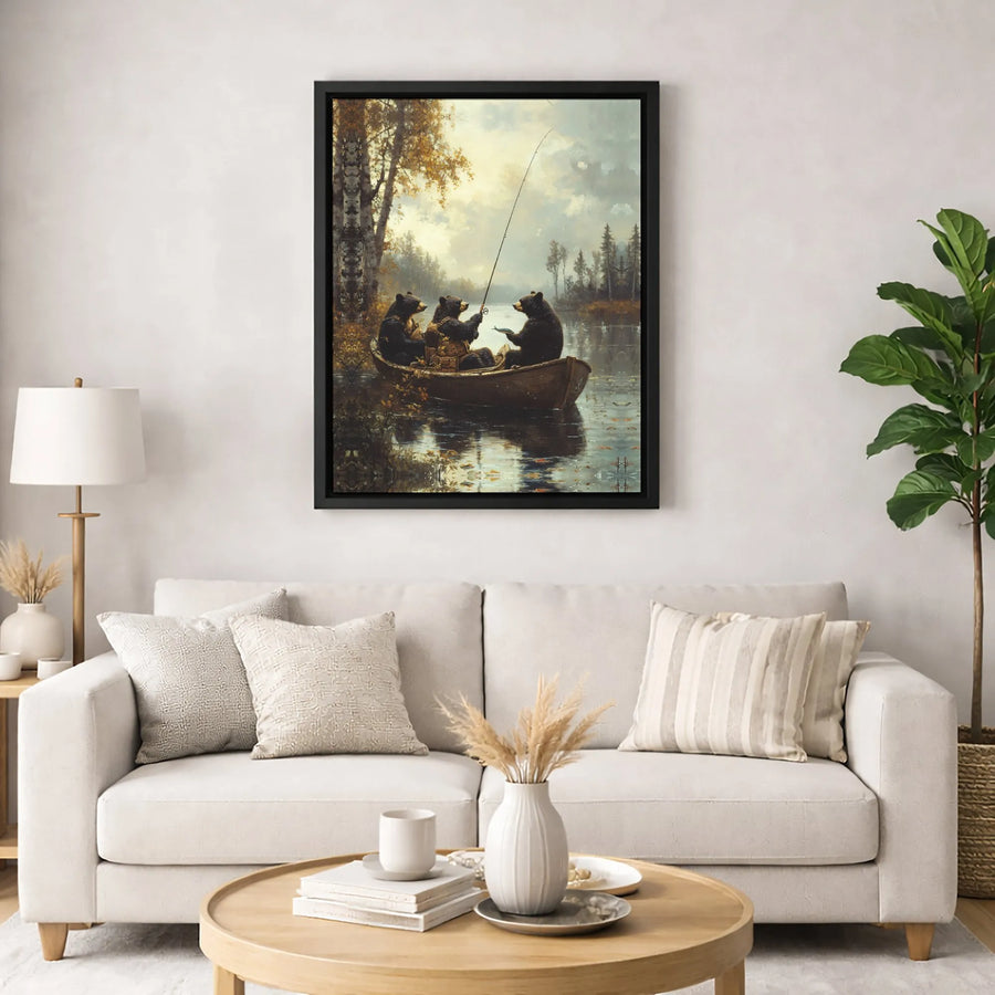 Three Black Bears Fishing Canvas Wall Art | Rustic Wildlife Lake Cabin Decor | Premium Fade-Resistant Print | Gift for Outdoorsmen and Nature Lovers
