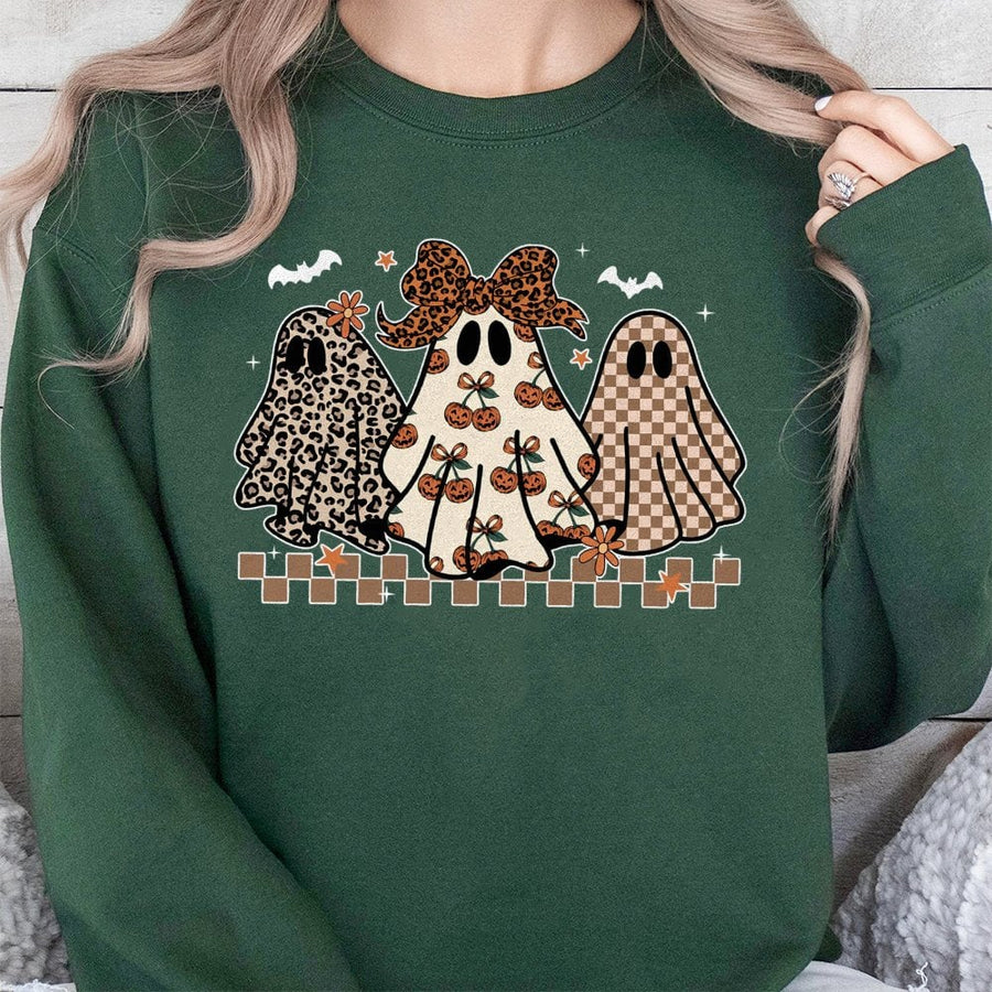 Preppy Halloween Ghost Sweatshirt | Leopard Print Coquette Pumpkin Design | Cotton Blend Fall Apparel | Spooky Season Gift for Her