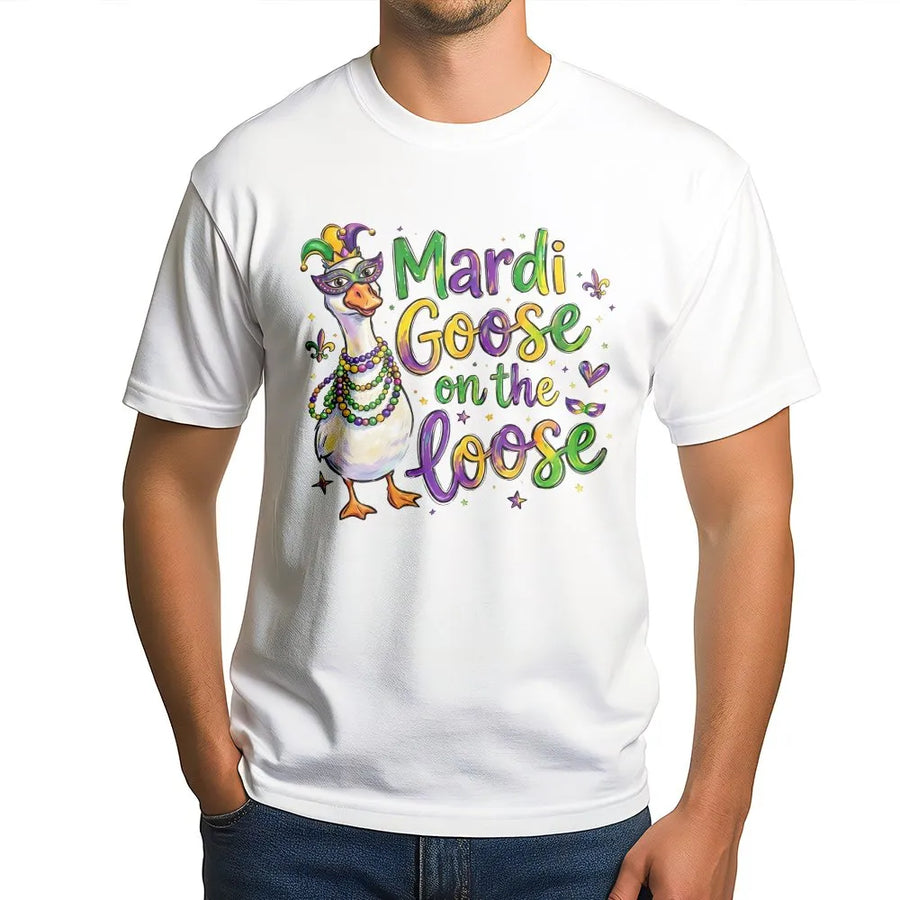 Mardi Goose On The Loose T-Shirt | Funny New Orleans Parade Graphic | Premium Soft Cotton Tee | Unisex Mardi Gras Gift For Her Him