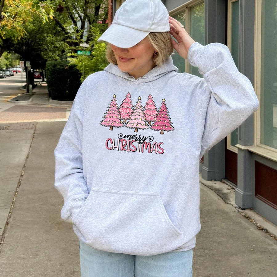Merry Christmas Hoodie | Pink Leopard Print Trees Graphic | Premium Cotton Blend | Cute Holiday Gift for Women and Teens