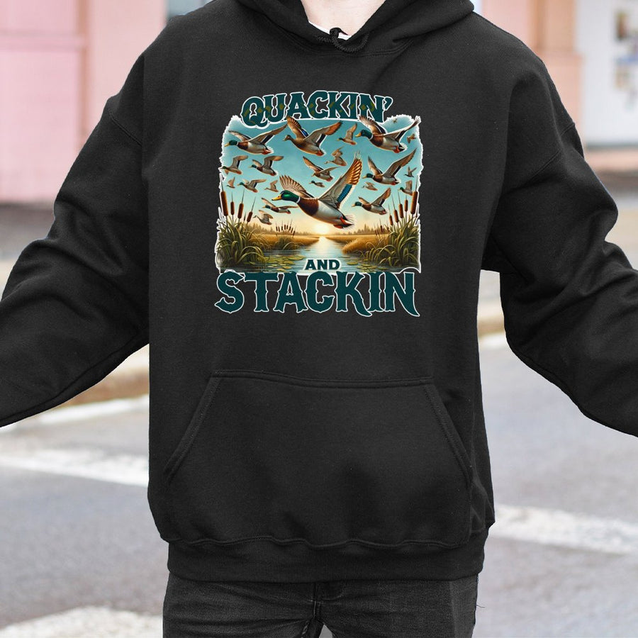 Duck Hunting Hoodie | Quackin And Stackin Wildlife Art | Premium Cotton Blend | Gift For Hunters And Waterfowl Enthusiasts