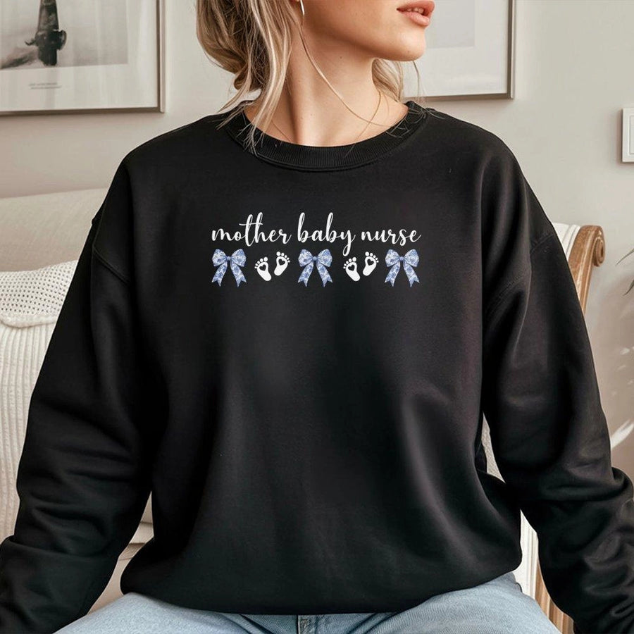 Mother Baby Nurse Sweatshirt | Coquette Bow Aesthetic Graphic | Soft Cotton-Poly Blend | Nursing School Graduation Gift for L&D Nurses