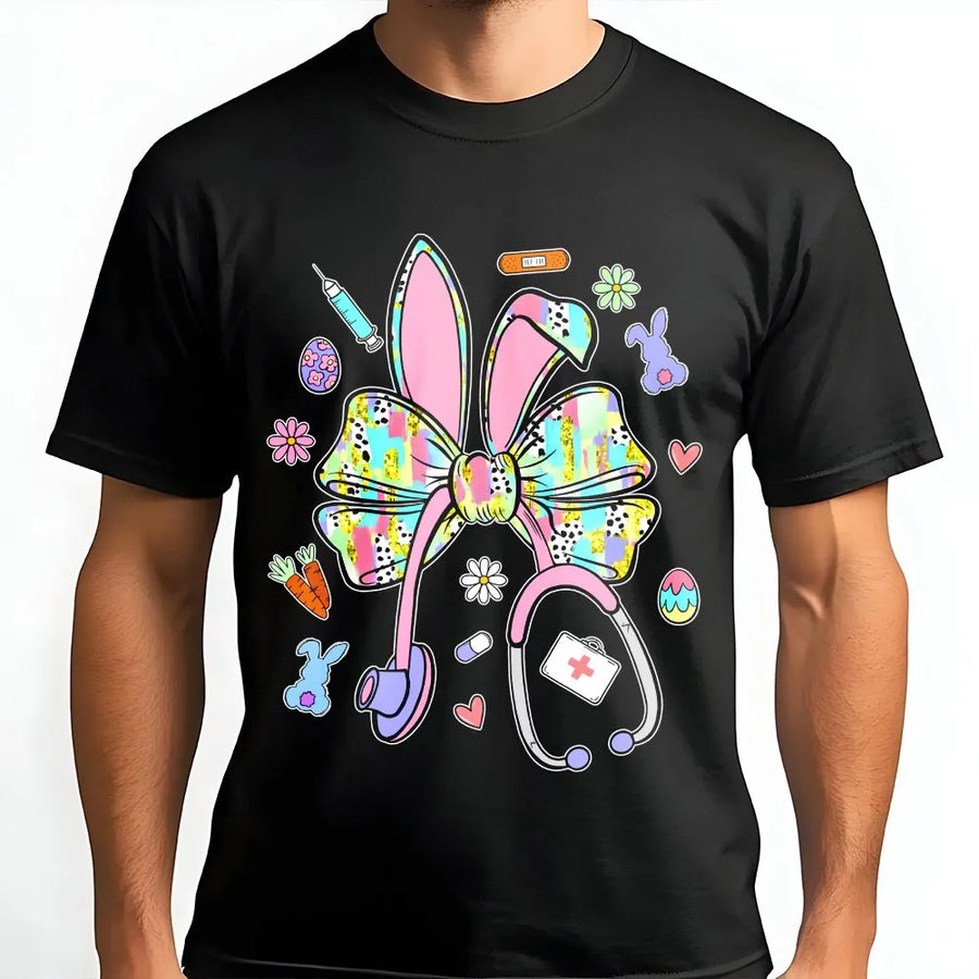 Easter Nurse T-Shirt | Coquette Bunny Ears Stethoscope Graphic | Premium Soft Cotton Tee | Cute Healthcare Worker Gift for Spring