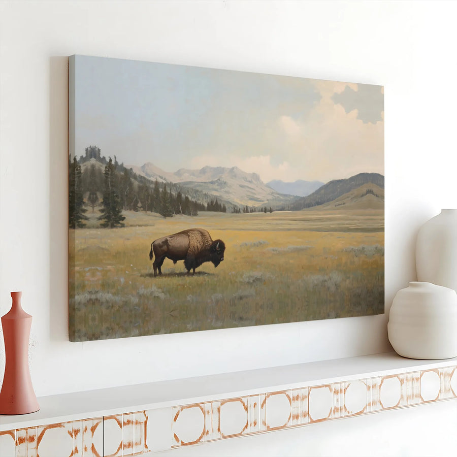 American Bison Canvas Art | Western Mountain Prairie Landscape Print | Premium Gallery Wrap 1.25 inch | Rustic Nature Home Decor Gift
