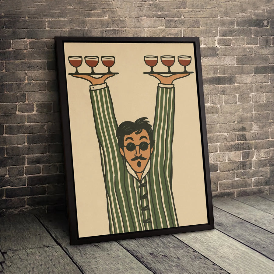 Wine Lover Wall Art | Whimsical Man in Pajamas Carrying Wine Trays Print | Gallery Quality 1.25" Canvas | Premium Decor for Kitchen or Dining Room