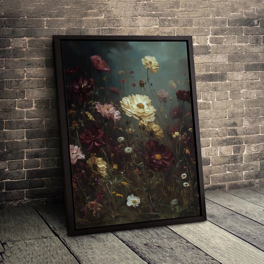 Moody Wildflower Field Canvas Print | Dark Botanical Floral Wall Art | Premium Fade-Resistant Gallery Wrap | Elegant Home Office Decor Gift